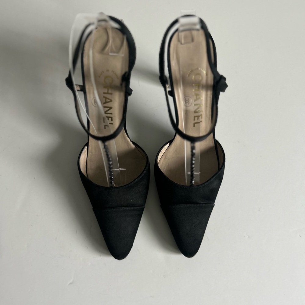 CHANEL Vintage Black Silk Satin T-Strap Heels Rhinestone Detail Karl Lagerfeld - Picture 13 of 13